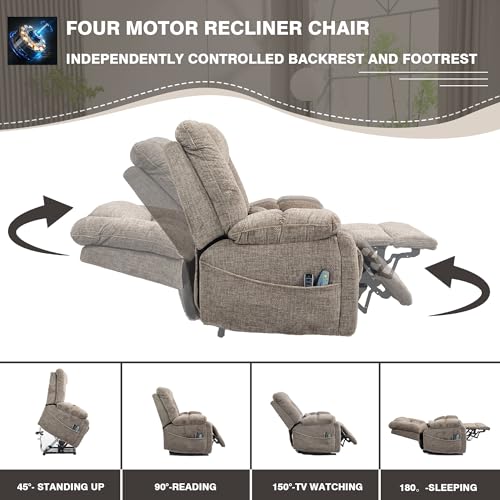 Light Grey Recliner Chair for Elderly | Tall and Big Man 400lbs | Chenille | Power Lift, Lay Flat, Stand Up, Wireless Charging Device, Extended Footrest, Massage Heat, Cup Holder, Lumbar Pillow