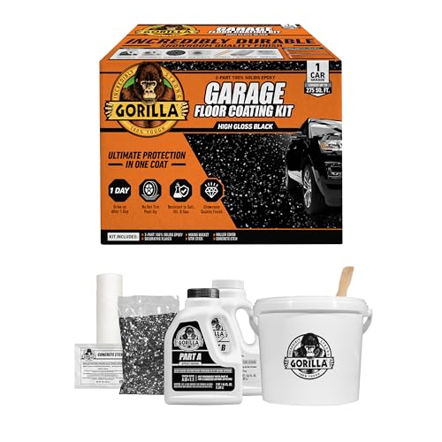 Gorilla Epoxy Garage Floor Coating (7 pc) Kit, 1-Car, Concrete Flooring, 100% Solids, Superior Adhesion, Incredibly Durable High Gloss Gray Finish, 275 sq. ft. Coverage