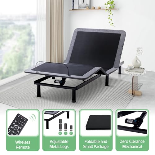 MUUEGM Adjustable Bed Base Queen,Motorized Head and Foot Incline,Upholstered Bed Frame,Wireless Remote Control,Anti-Snore,USB Ports,Memory Pre-Sets,Zero Gravity,3 Modes Massage,LED Under-Bed