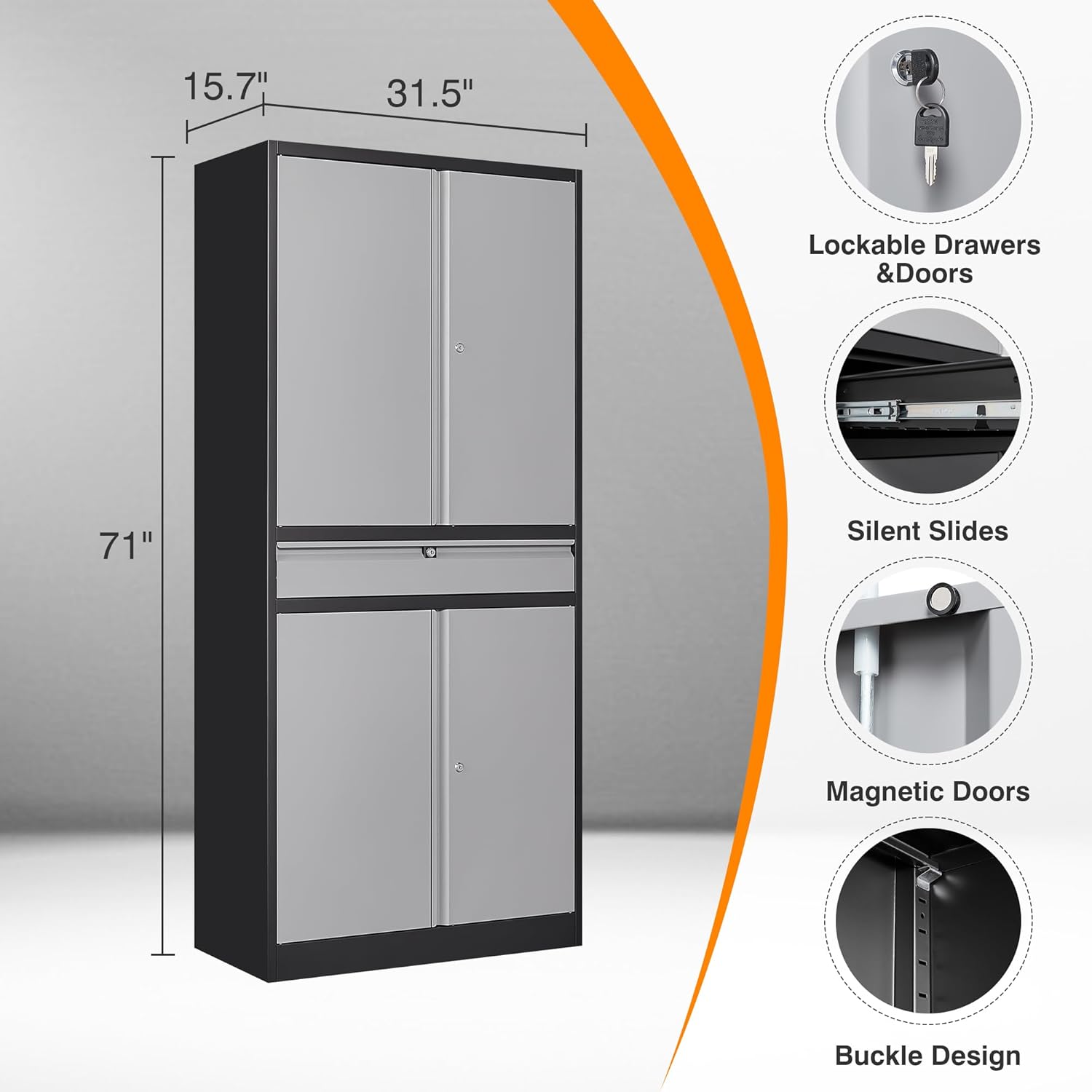 Garage Storage Cabinet, Heavy Duty Metal Tool Cabinet with 1 Drawer, 71'' Tall Storage Cabinets with Doors and Shelves for Garage Home Office Utility Room, Black & Grey