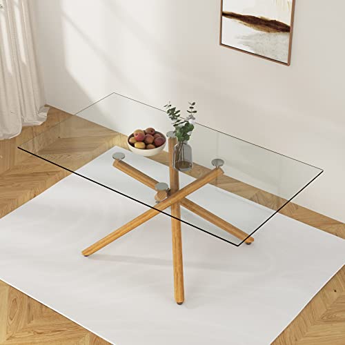 63 Inch Glass Dining Table,4-6 Person Home Dining Table Large Size Kitchen and Dining Room Table with Tempered Glass top and Silver Metal Legs, Modern Rectangular Dining Table (Silver Legs