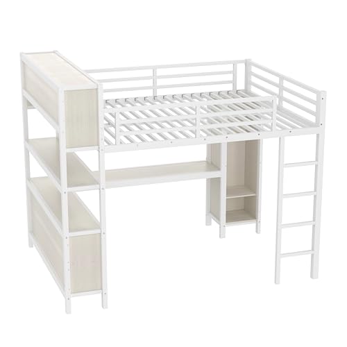 Linique Metal Loft Bed with Wardrobe & L-Shaped Desk - Sturdy Space-Saving Loft Bed Includes Storage Cubes, Shelves for Kids, Teens, Adults (White, Queen)