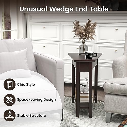 GOFLAME 2-Tier Wedge End Table Set of 2, Narrow Triangle Side Table with Storage Shelf, Solid Wood Legs, Nightstand, Recliner Wedge Table for Living Room, Bedroom, Small Space, White