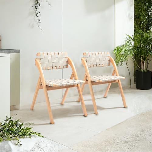 Folding Chairs Set of 2,Wooden Foldable Dining Chairs with Woven Leather Indoor Outdoor Portable Stackable Chairs for Dining Kitchen Office Wedding Picnic(Brown)