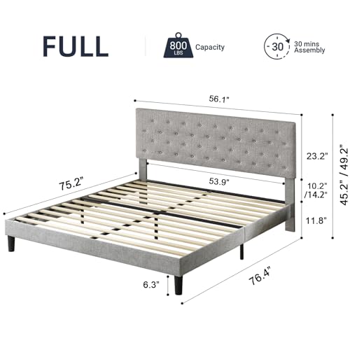 Queen Size Platform Bed Frame with Upholstered Headboard,Button Tufted Design Queen Bed Frame Light Grey,No Box Spring Needed,Noise Free,Easy Assembly