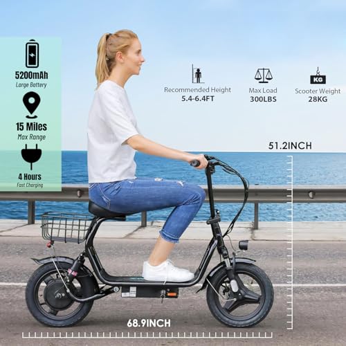 Caroma Peak 500W/800W/1200W Electric Scooter with Seat, Max 15/20/30Miles Range&20MPH, 14" Tires Foldable Adult Electric Scooter with Basket for Pets & Cargo, Dual Shock Absorbing Ebike for Commuting