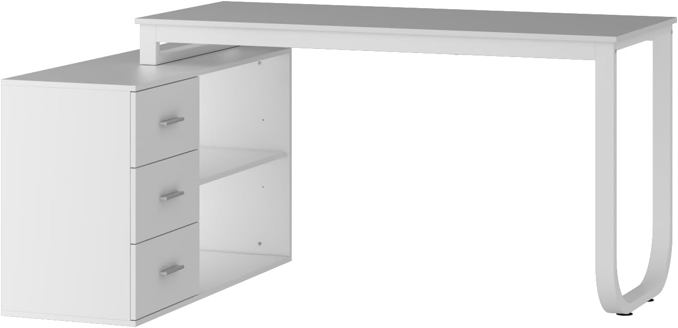 Homsee White L-Shaped Computer Desk with 3 Drawers and 2 Shelves for Writing Study Work Executive, 55 Inch Bedroom Wood Table Workstation Desk with Storage Cabinet