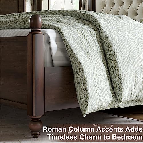 Solid Bed Frame Queen Size, Transitional Platform Bed with 52.5"" Upholstered Tufted Headboard, Rubberwood/Roman Column Accents/Wood Slat Support/No Box Spring Needed,bed frame, Walnut
