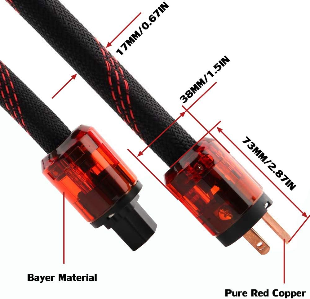 Audiocrast HiFi Power Cable, 125V 15A, Copper Shielding, Hi-End Braided Sleeve Amplifier Power Cord, AC Audiophile Power Cable with US Plug+IEC C13 Connector (6.6FT/2M)