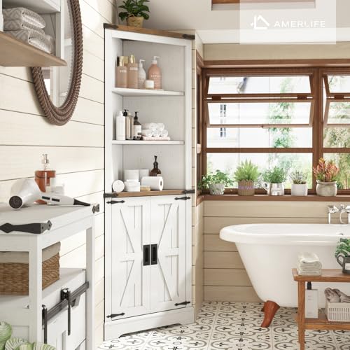 AMERLIFE 68" Tall Corner Cabinet, Farmhouse Corner Cabinet with Barn Door Design,Wall Corner Cabinet with Adjustable Shelves for Bathroom, Living Room,Antique White & Barnwood