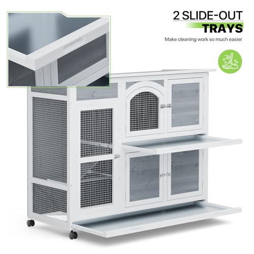 Magshion Rabbit Hutch Outdoor, 47.5" 2 Story Bunny House Cage Indoor on Wheels with 2 Removable Tray Waterproof Roof