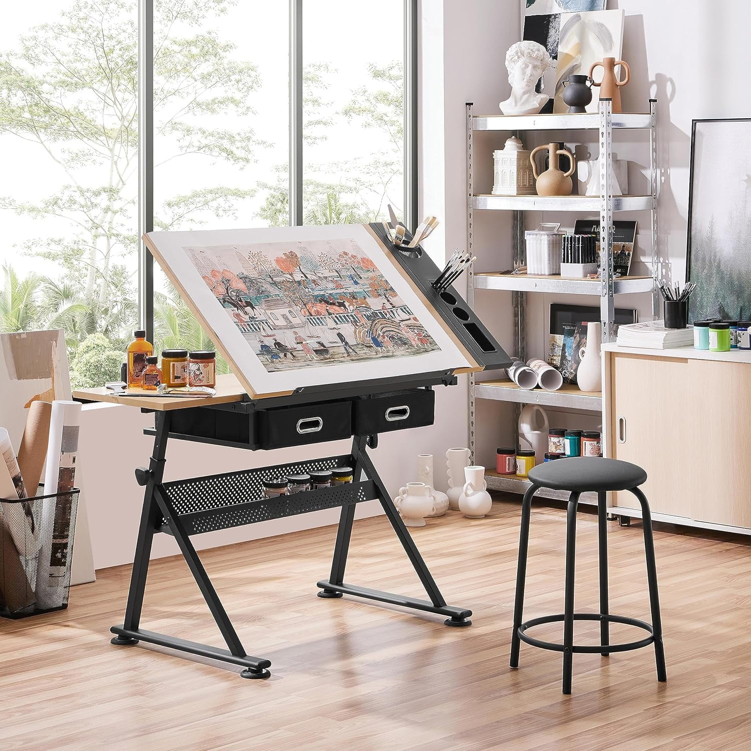 Height Adjustable Drafting Table Drawing Table Artist Desk Tilting Tabletop Art Craft Desk Watercolor Paintings Sketching Work Station w/2 Storage Drawers and Stool for Home Office