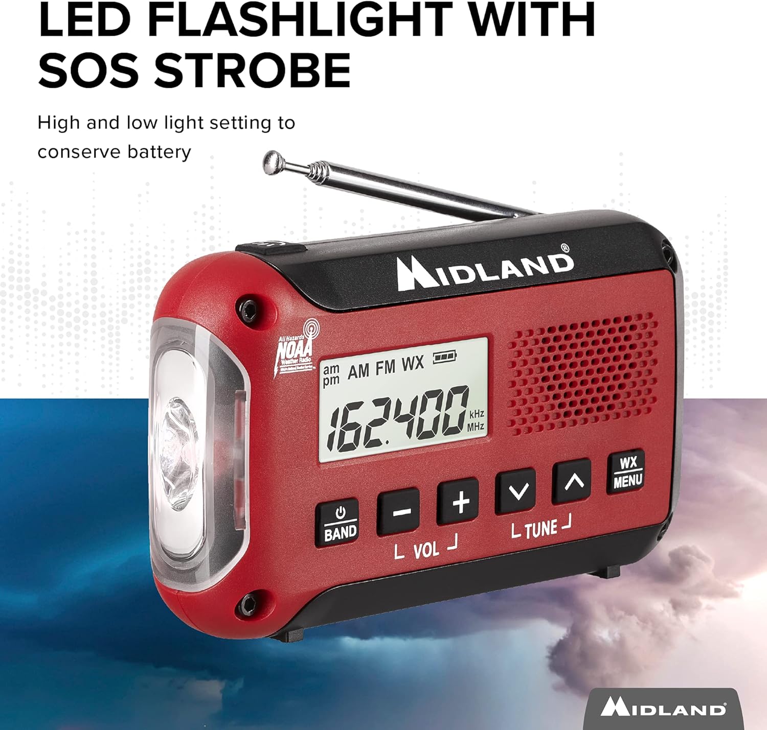 Midland - ER310, Emergency Crank Weather AM/FM Radio - Multiple Power Sources, SOS Emergency Flashlight, Ultrasonic Dog Whistle, & NOAA Weather Scan + Alert (Red/Black)