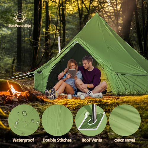 Cotton Canvas Bell Tent, Waterproof Large Tents with Sturdy Center & Door Pole and Space for 4/6/8 Person All 4 Season Camping Yurt Tent