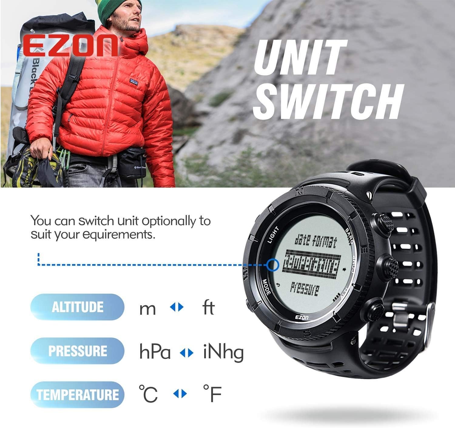 EZON Digital Watch Altimeter Barometer Compass Climbing Trekking Camping Sport Waterproof Military Watch Outdoor Hiking Watch H001H13