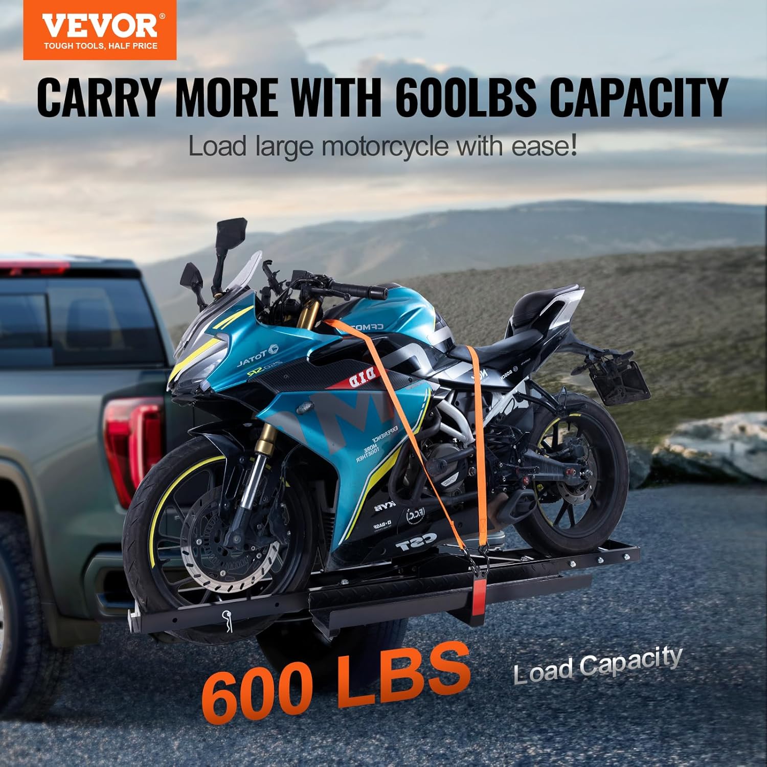 VEVOR Motorcycle Carrier, 600 LBS Steel Motorcycle Carrier Hitch Mount with Loading Ramp, Scooter Dirt Bike Trailer Hauler with Ratchet Straps and Stabilizer, for Car, Truck with 2" Hitch Receiver
