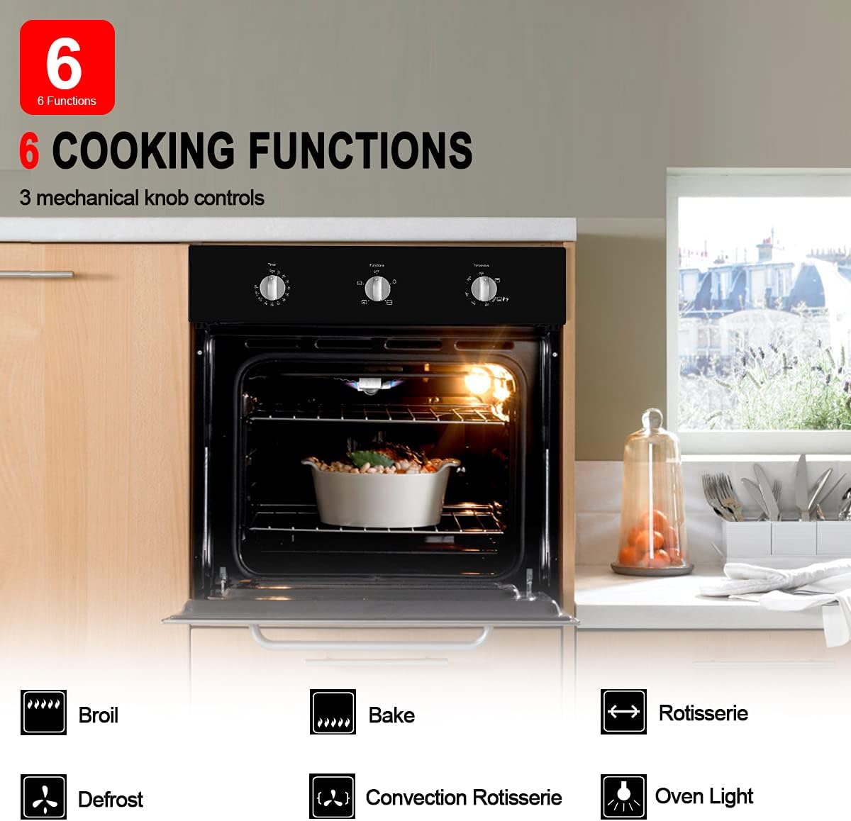 Single Gas Wall Oven, GASLAND Chef GS606MBN 24 Built-in Natural Gas Oven, 6 Cooking Functions Convection Wall Oven with Rotisserie, Mechanical Knobs Control, 120V Electric Ignition, Black Glass