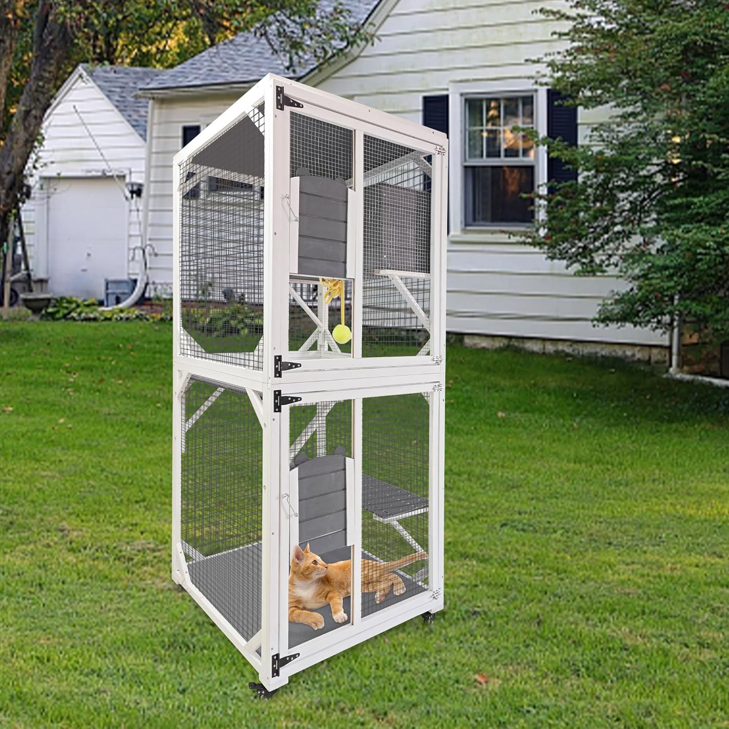 Cat House Catio Outdoor Cat Enclosure, 3-Tier Cat Cage Indoor on Wheels, Waterproof Roof Outdoor Cat Enclosures, 2 Windows & Doors