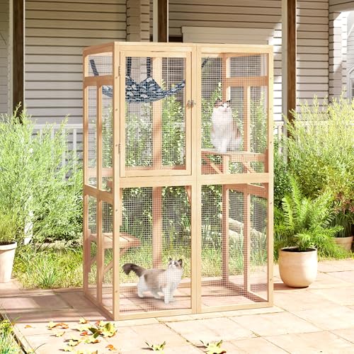 Catio Outdoor Cat Enclosure, Wooden Catio with Window Access for Patio, Indooe Kitty House (Black)