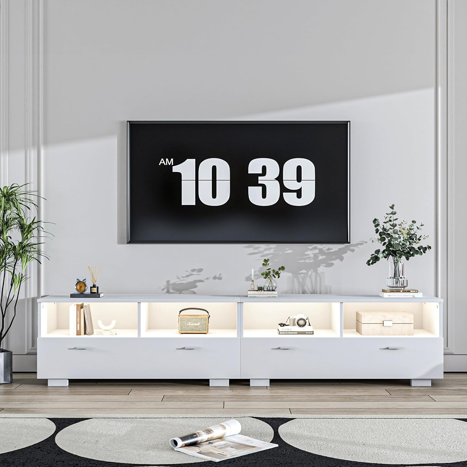 4 EVER WINNER TV Stand for 75+ Inch TV, LED TV Stands for Living Room with Storage Entertainment Center, Modern TV Console Table with Drawers for Bedroom, White