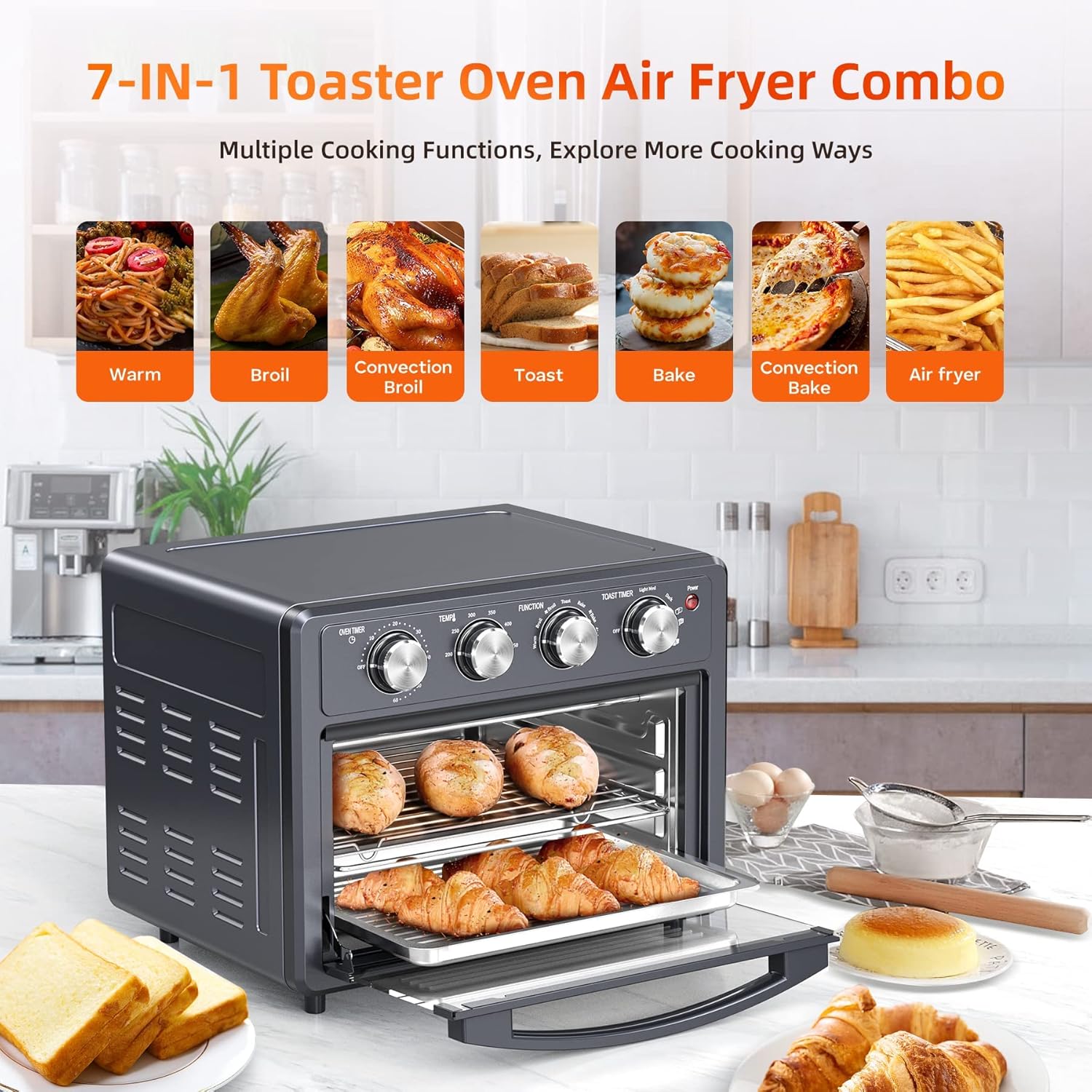 Air Fryer Toaster Oven Combo, 25 QT Air Fryer 7-in-1 Convection Toaster Oven with Air Fryer, Roast, Bake, Broil, Reheat, Large Toaster Oven Air Fryer Combo 5 Accessories Up to 450°F 1700W