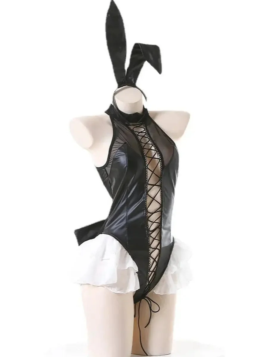 'Black Rabbit' Anime Girl Pu Leather Lace Up Lingerie