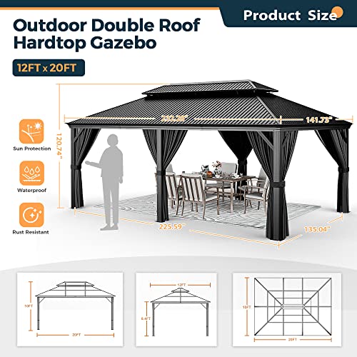 HAPPATIO 12' x 20' Hardtop Gazebo - Galvanized Steel Patio Double Roof Aluminum Gazebo with Curtains and Netting, Metal Permanent Pavilion Outdoor Gazebos for Patios, Gardens, and Lawns (Gray)