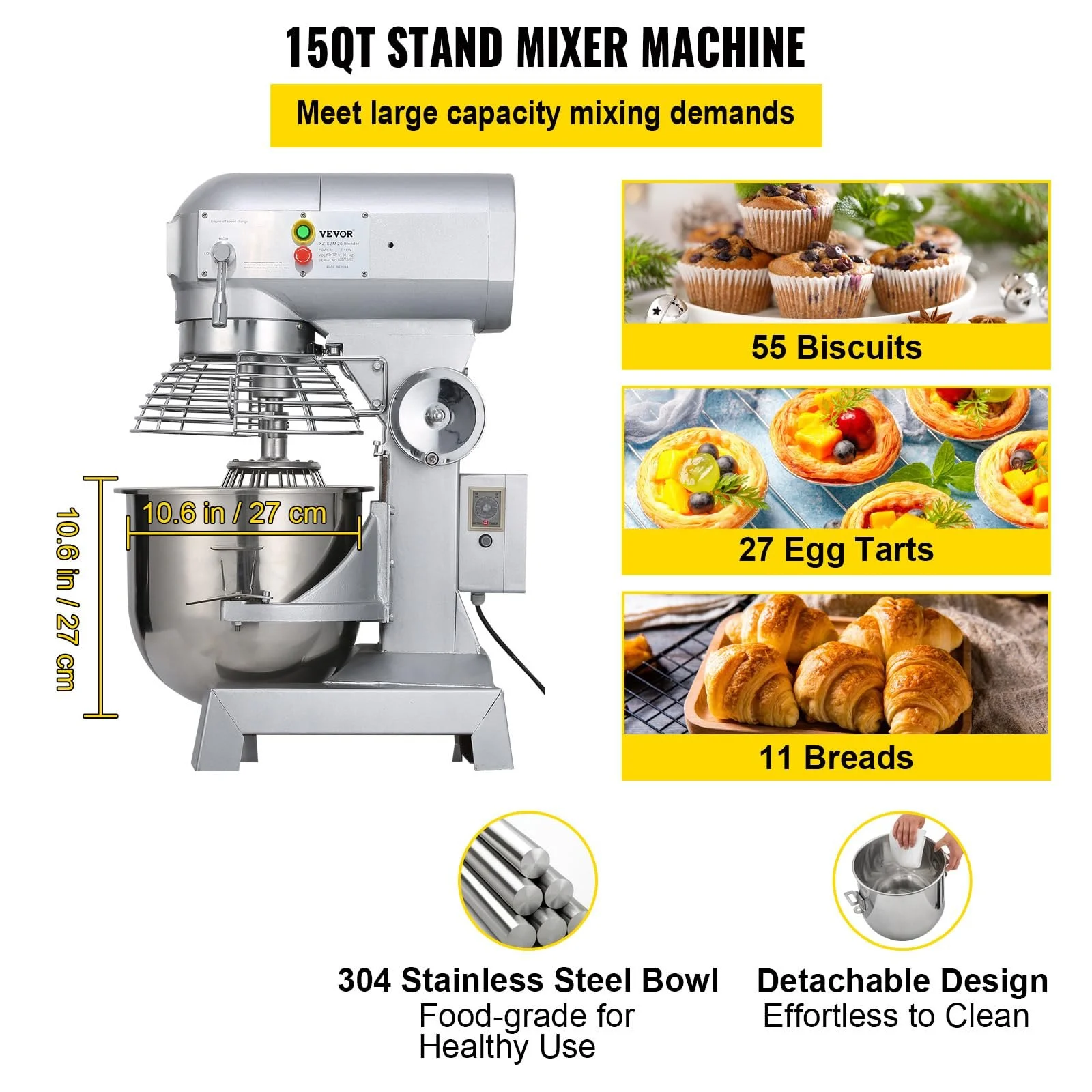 VEVOR Commercial Food Mixer, 15Qt 600W, 3 Speeds Adjustable, Heavy Duty 110V, Stainless Steel Bowl Dough Hooks Whisk Beater
