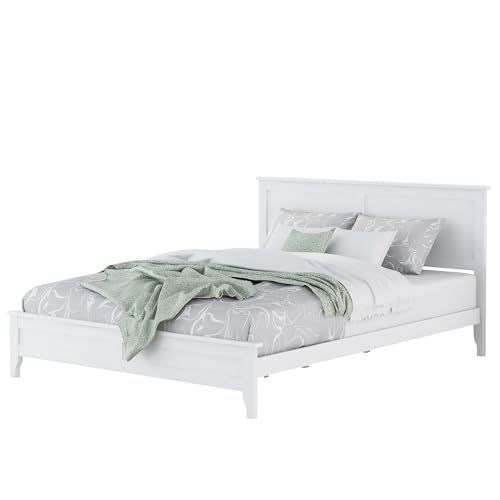 Wood Bed Frame with Headboard Wood Platform, No Box Spring Needed,White (Queen (U.S. Standard))