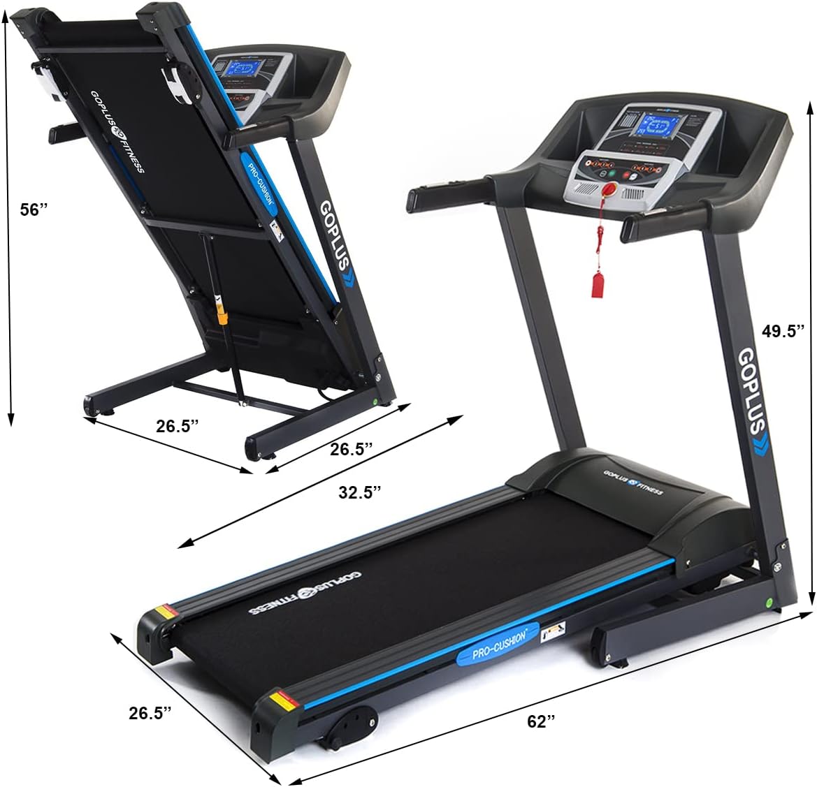 Goplus 2.25HP Electric Folding Treadmill with Incline, Walking Running Jogging Fitness Machine with Blue Backlit LCD Display for Home & Gym Cardio Fitness