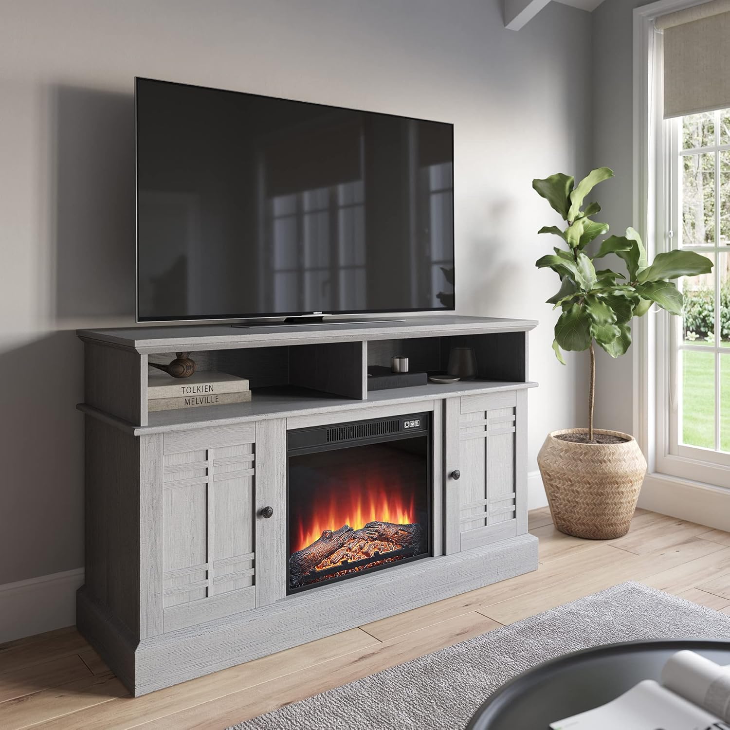 BELLEZE Modern Farmhouse Wood TV Stand & Media Entertainment Center Console Table for TVs up to 50 Inch with Open Storage Shelves & Cabinets – Norrell (Gray Wash)