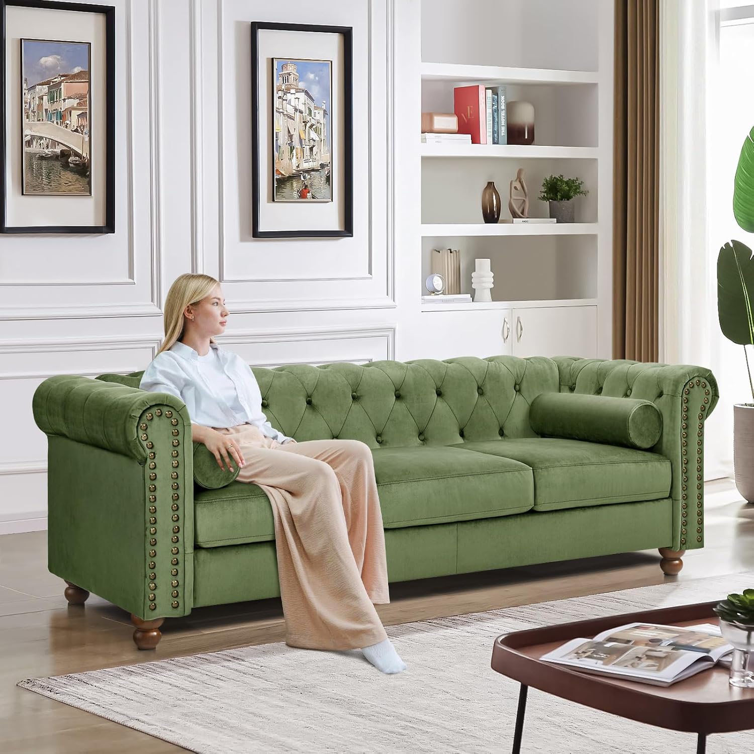 Antetek 3 Seater Couch, 80" Classic Upholstered Chesterfield Sofa, Button Tufted Velvet Couch with Deep Seat for Living Room, Farmhouse, Green