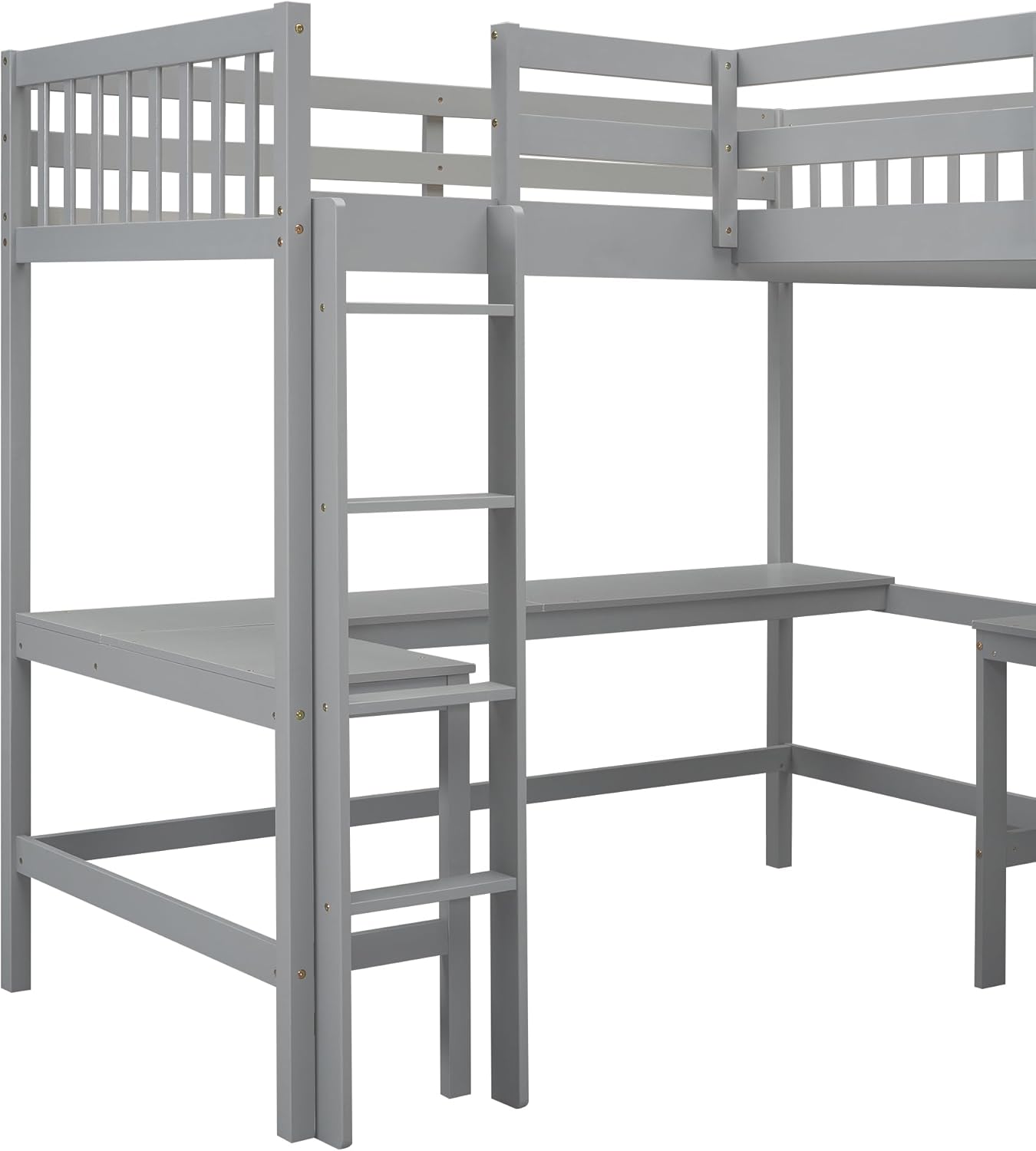 L-Shaped Double Twin Size Loft Beds for 2, Wooden Double High Loft Bed Frame with 2 Built-in Desks and Ladder for Kids, Teens, Adults, Gray
