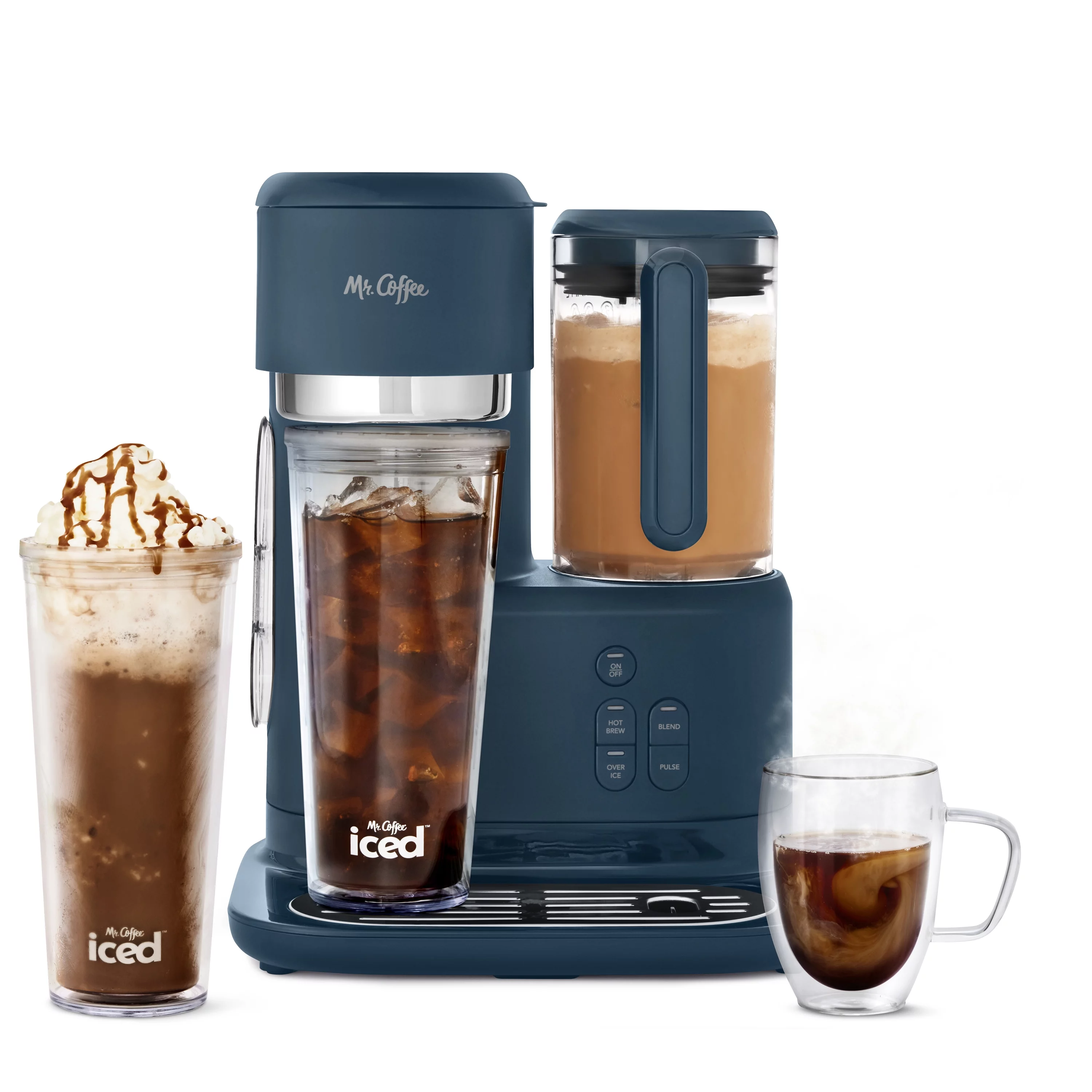 Mr. Coffee Single Serve Frappe, Iced, and Hot Coffee Maker and Blender, Single Serve Iced Coffee Maker with Reusable Tumblers and Coffee Filter, Navy Blue