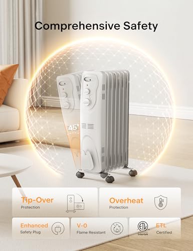 PELONIS Oil Filled Radiator Heater for indoor use Large Room Safe with Thermostat, 1500W Energy Efficient Quiet Space Heater, 3 Heat Settings, Overheat & Tip-Over, Black