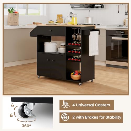 Giantex Rolling Kitchen Island Cart with Drop Leaf, Power Outlet, Spice Rack, 12 Wine Rack, Glass Holder, Drawer, Storage Cabinet, Towel Rack, Island Table for Breakfast Coffee Bar (Rustic Brown)