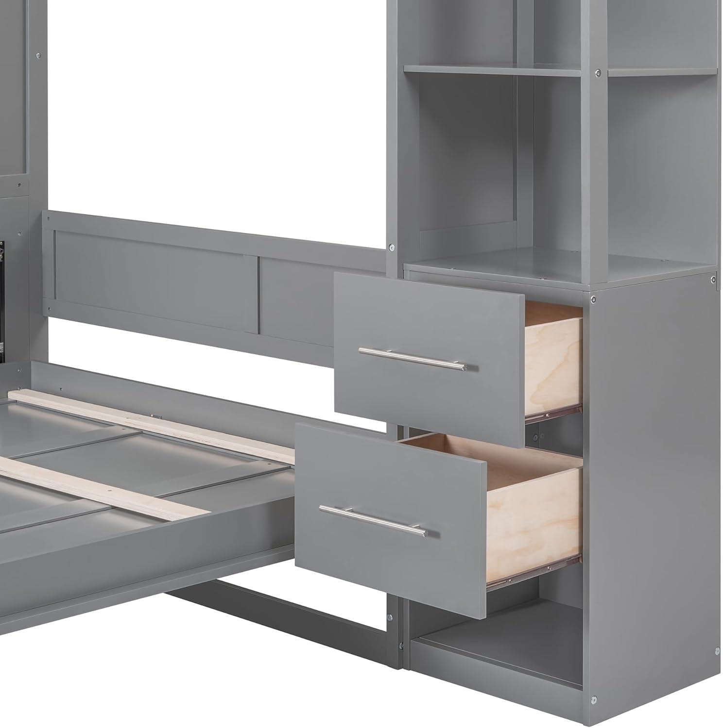yoptote Queen Size Murphy Bed with Both Side Double Drawers and 2 Four-Layers Open Storage Shelves, Bedframe w/LED Lights & Silver Handle, Can Be Folded into A Cabinet, Space-Saving Design, Grey