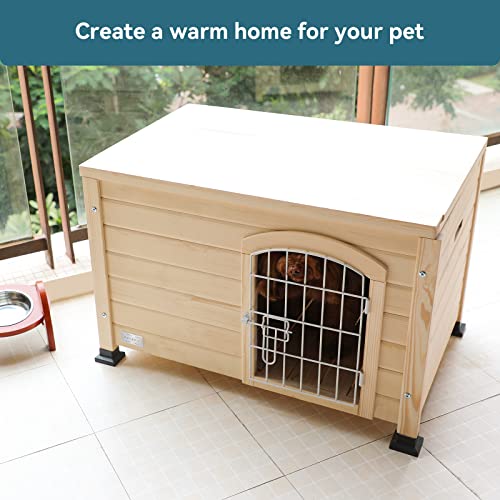 Petsfit Large Dog House with Terrace & Openable Asphalt Roof, 45" L x 54" W x33 H, XL Dog House Outdoor with Elevated Floor, Window & Door Flap, Outdoor Dog House for Large Dogs