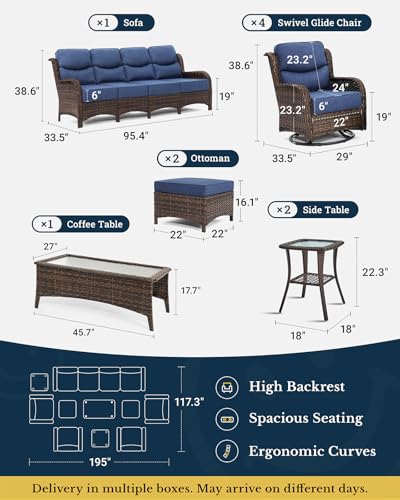 Luxury Patio Furniture Set with 6-inch Thick Cushion, Outdoor Couch and High Back Swivel Rocker Patio Chairs, 7PCS Wicker Conversation Set for Deck, Yard, and Poolside in Blue (V2)