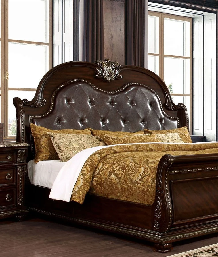 Brown Cherry Formal Luxurious Eastern King Size Bed Camel Back Sleigh Design Tufted Padded HB Faux Wood Carved Detail 1pc Bed