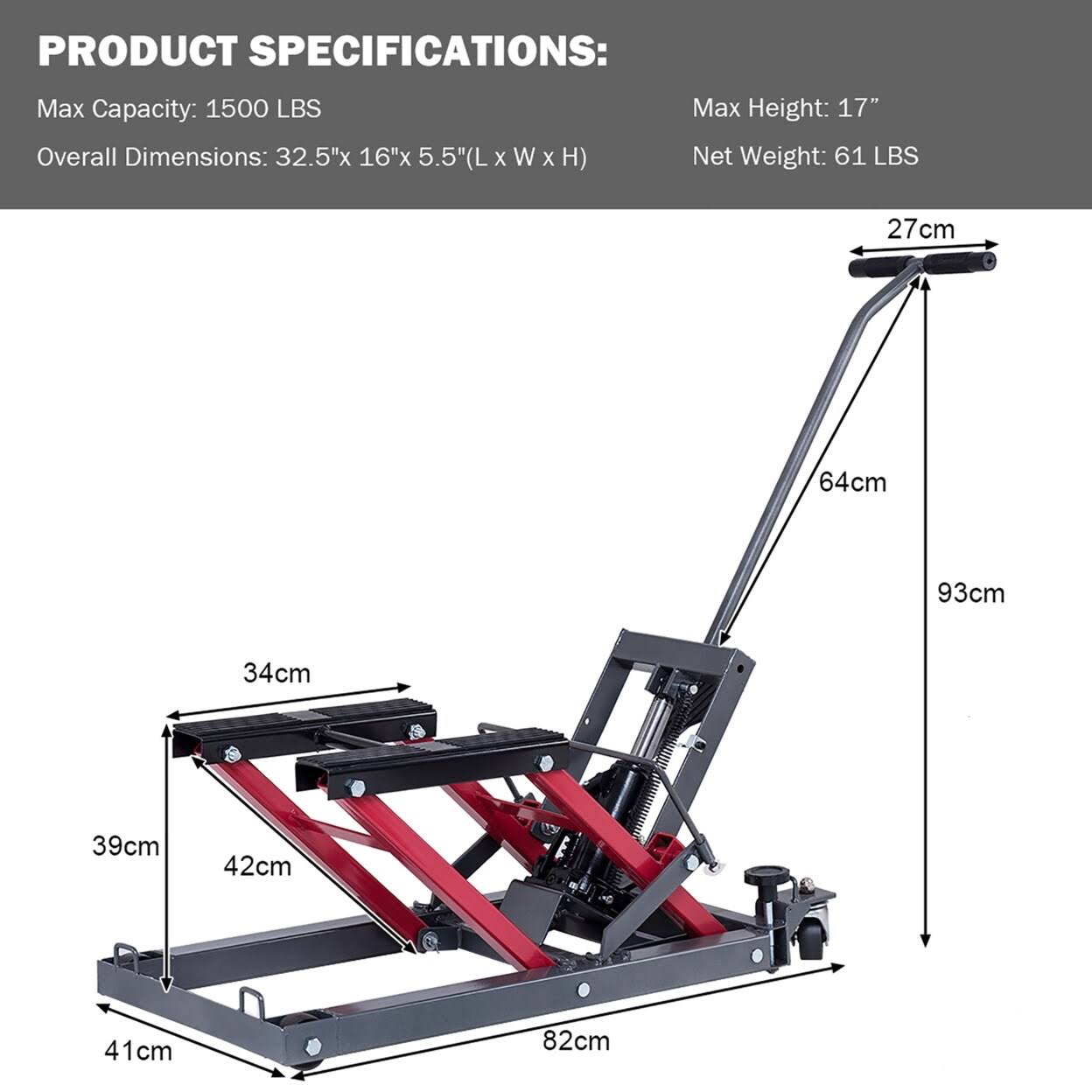 Costway Motorcycle ATV Jack Lift Stand Quad Dirt Street Bike Hoist 1500 lbs Black\Red