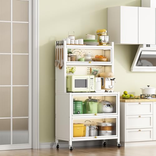 Kitchen Bakers Rack, Microwave Cabinet Metal Shelving Unit with Wheels, Microwave Cart with Storage and Doors, for Kitchen Garage Coffee Bar, White
