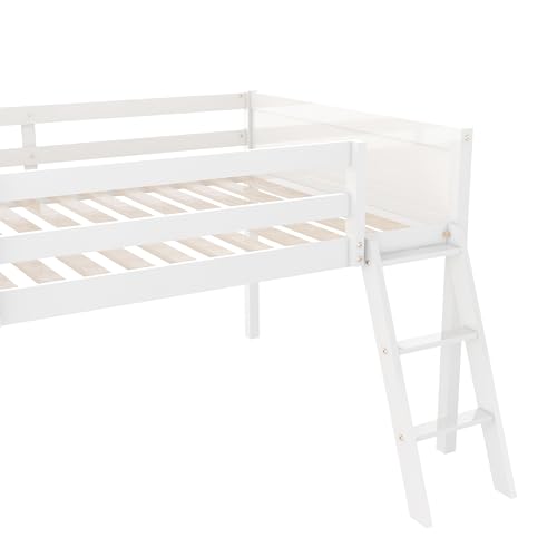 Full Size Wood Low Loft Bed with Convertible Ladder, Solid Wood Bed Frame with Safety Guardrail, 350 lbs Weight Capacity, No Box Spring Required, for Girl Boy Kid Bedroom (Gray-072)