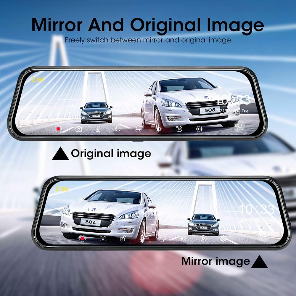 2.5K Voice Control Mirror Dash Cam Rear View Mirror Backup Camera Front and Rear , 10'' Rearview Mirror Backup Camera Dual Full HD Super Night Vision G-Sensor Parking Assistance