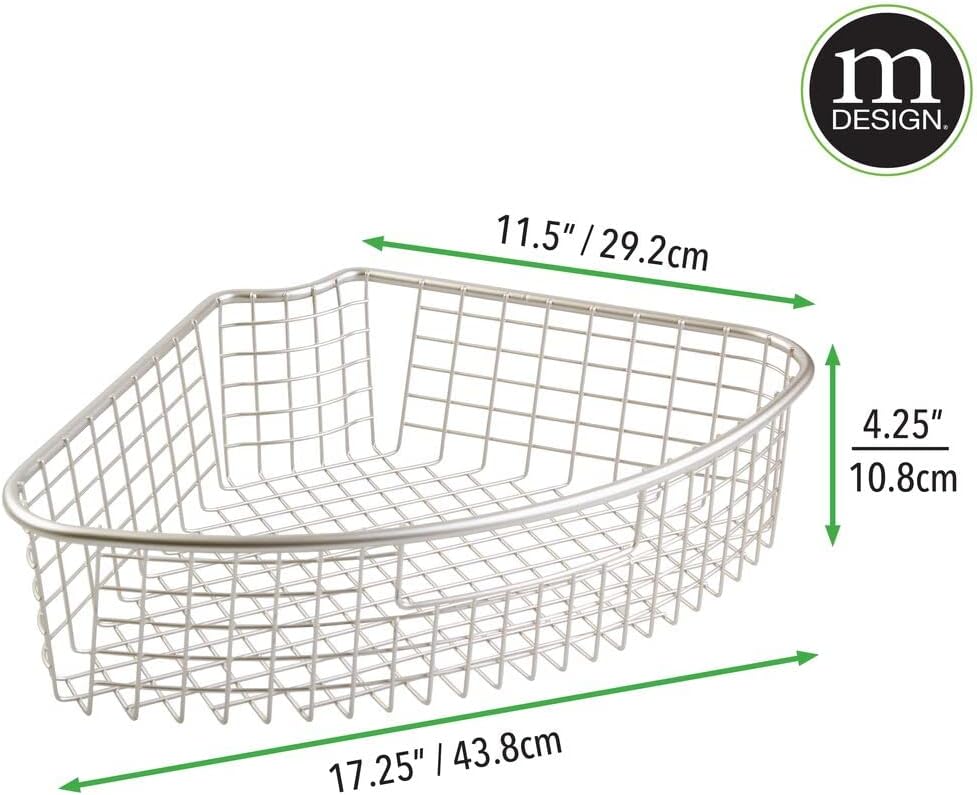 mDesign Farmhouse Metal Kitchen Cabinet Lazy Susan Storage Organizer Basket with Front Handle - Large Pie-Shaped 1/4 Wedge, 4.4" Deep Container - 4 Pack - Satin