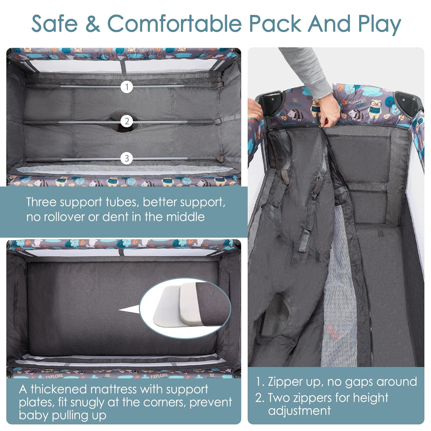 5 in 1Pack and Play, Portable Pack and Play with Mattress, Baby Pack and Play Easy to Assemble Fully Equiped, Toddler Travel Pack and Play Large Playard, 3 Layers,Diaper Caddy, Musical Toy Bar