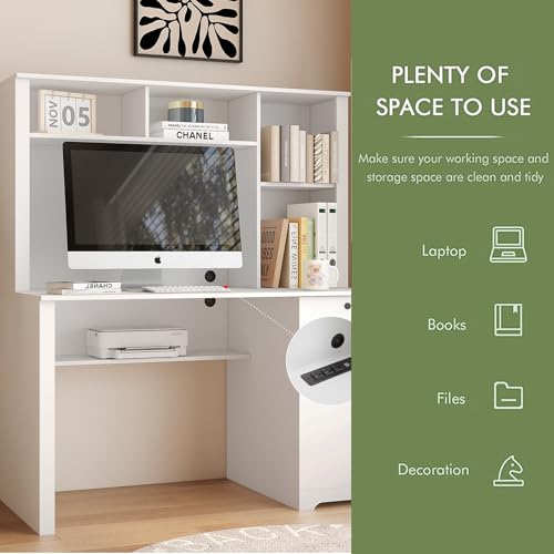 Computer Desk with Hutch & Bookshelf,Wood Executive Desk Teens Student Desk Writing Laptop Home Office Desk with Drawers,3 AC Outlets and 2 USB Charging Ports,Study Laptop Table for Home(White)