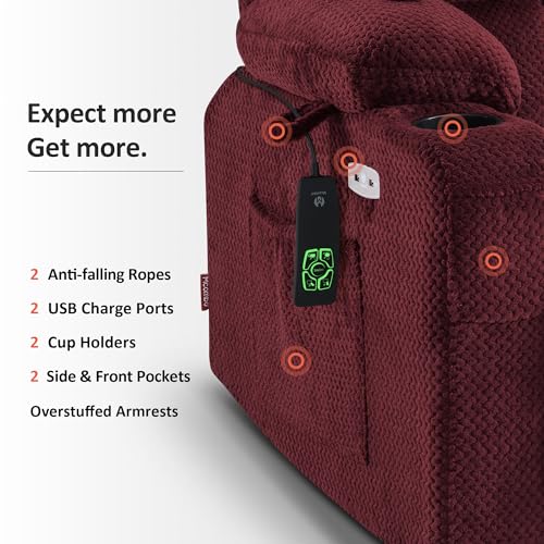MCombo Dual Motor Power Lift Recliner Chair with Massage and Heat for Elderly People, Infinite Position, USB Ports, Cup Holders, Fabric 7890 (Medium-Regular, Burgundy)