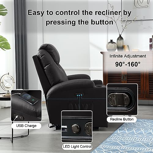 Power Recliner Chair with Heat and Massage, PU Leather Home Theater Seating w/LED Lights/Cup Holders/Side Pocket/USB Port, Lazy Boy Reclining Sofa Chair for Living Room (2, Brown)