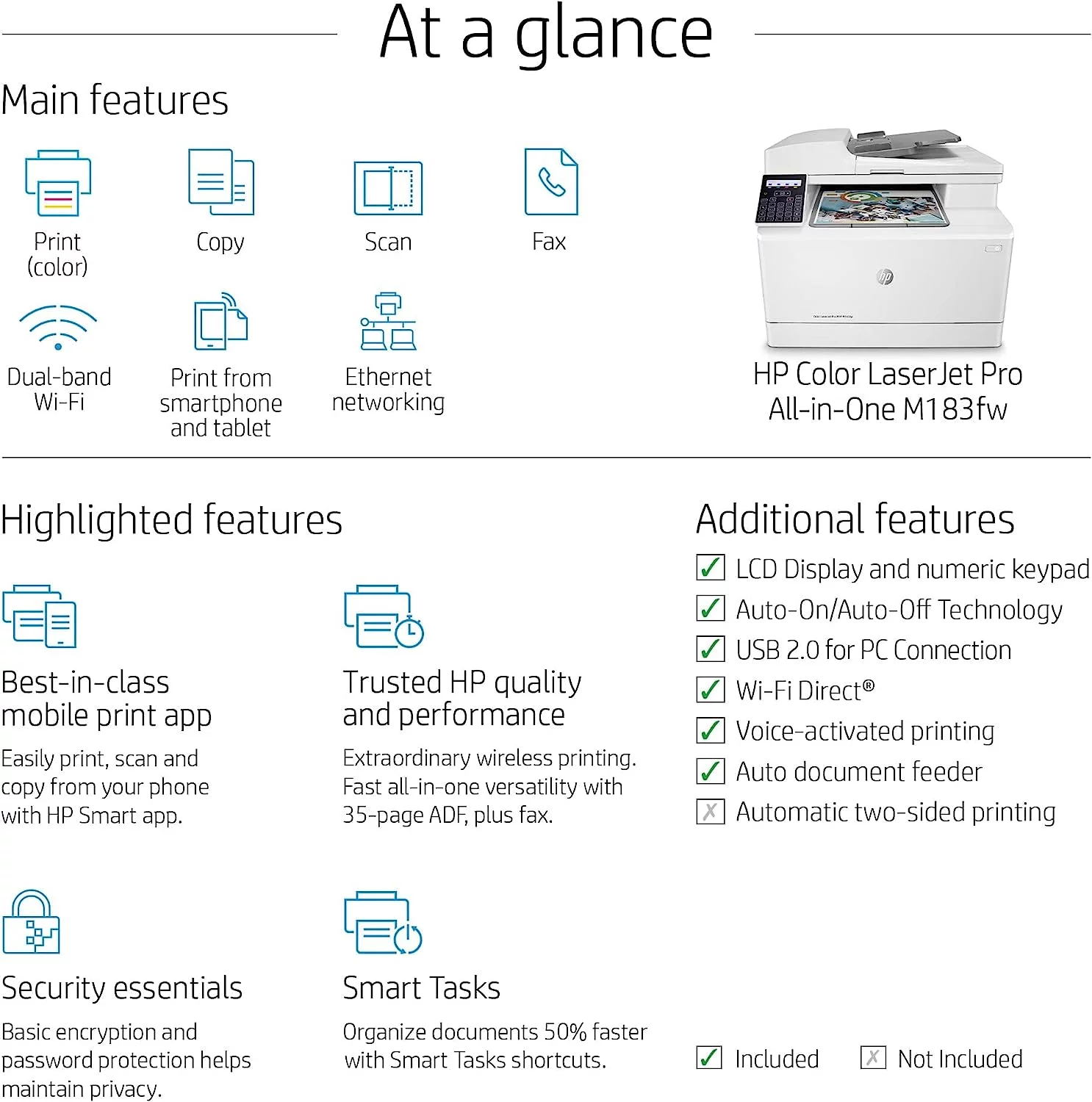 HP Color Laserjet Pro M183fw Wireless All-in-One Laser Printer for Home Office-Print Scan Copy Fax-16 ppm, 600 x 600 dpi, 8.5 x 14, Auto 2-Sided Printing,35-Sheet ADF,Ethernet,4 Feet USB Printer Cable